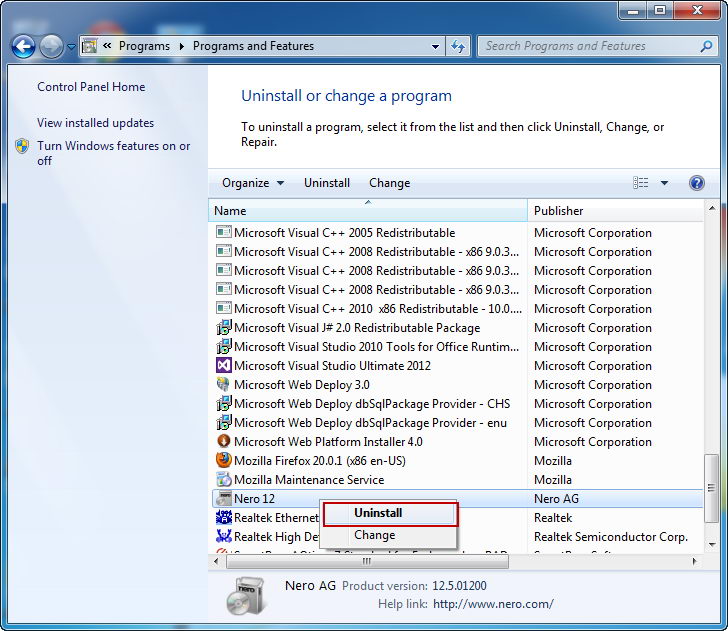 uninstall_Nero12_program_on_control_panel