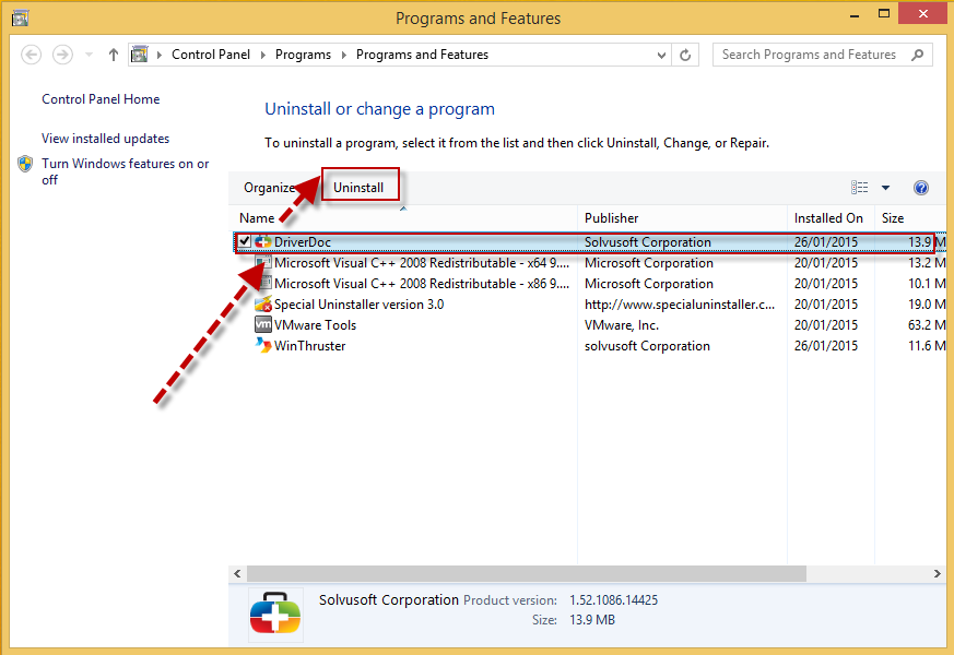 uninstall DriverDoc in Control Panel