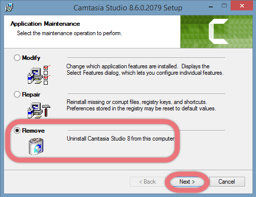 Confirm to remove Camtasia Studio 8.