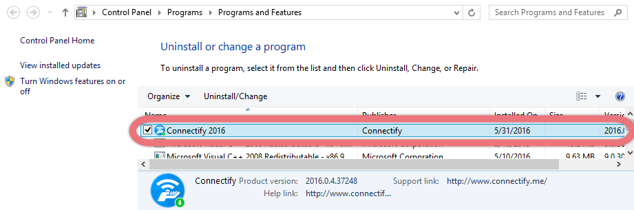 Uninstall Connectify 2016 via the Control Panel