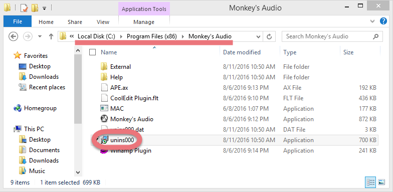 Remove Monkey's Audio through the unins000.exe.
