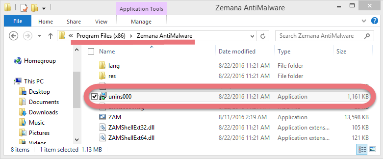 Uninstall Zemana AntiMalware through the unins000.exe file.