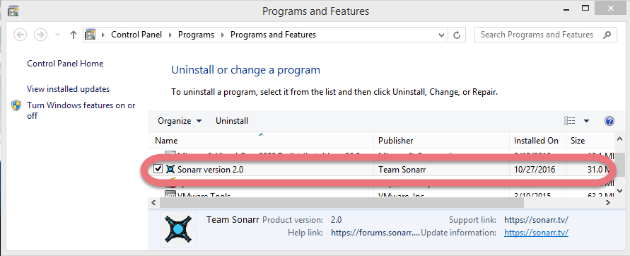 Uninstsall Sonarr through the Programs and Features.