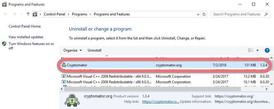 Remove Cryptomator in Windows