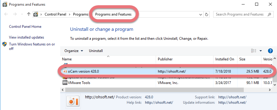Remove oCam in Programs and Features.
