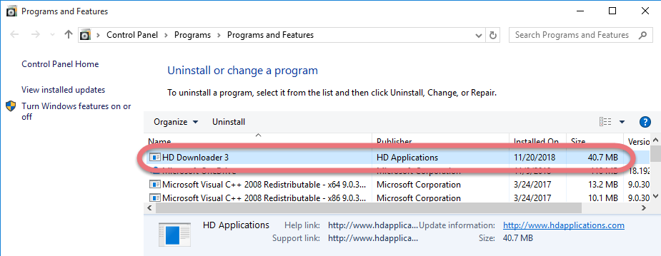 Remove HD Downloader in Windows OS