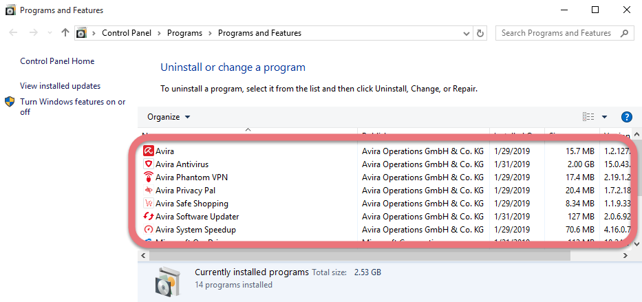 Remove Avira Antivirus 2019 in Windows