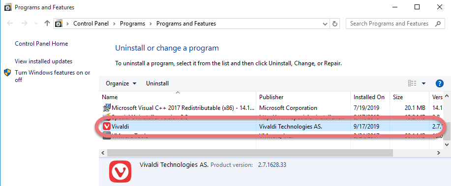 Remove Vivaldi in Windows
