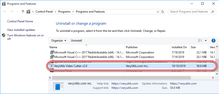 Remove VeryUtils Video Cutter in Windows.