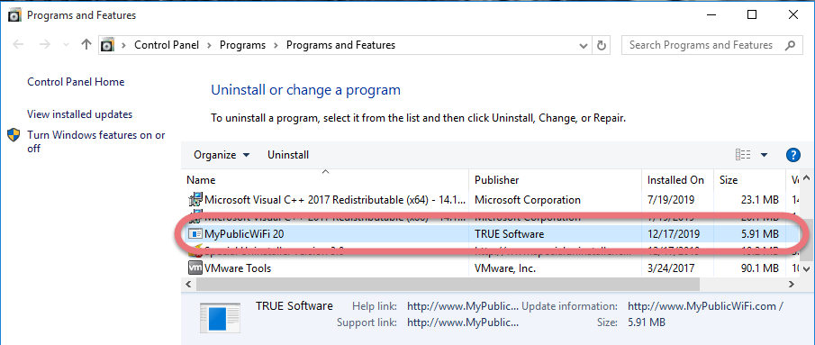 Uninstall MyPublicWiFi in Windows